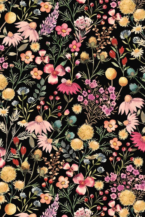Delicate Dark Floral Botanical Multicolored by Ninola Design wall art