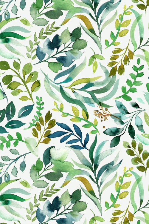 Green Watercolor Forest Plants And Leaves by Ninola Design wall art