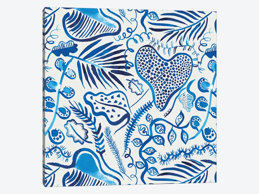 Tropical Forest Leaves Blue by Ninola Design 1-piece Canvas Art Print