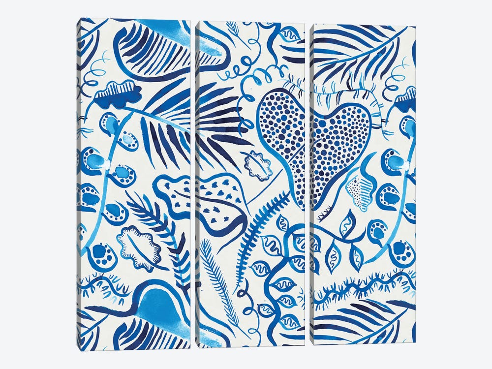 Tropical Forest Leaves Blue by Ninola Design 3-piece Art Print