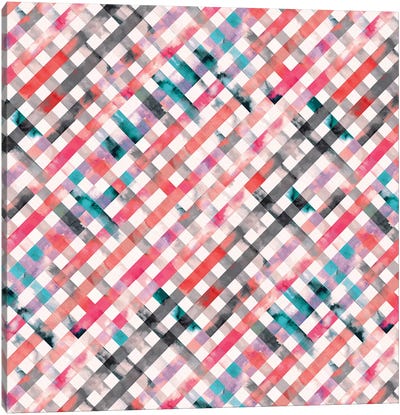 Vichy Pink Gingham Squares Watercolor Canvas Art Print - Gingham Patterns