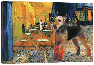Airedale Terrier Cafe Terrace At Night Canvas Art Print - Cafe Art