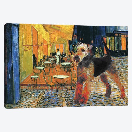 Airedale Terrier Cafe Terrace At Night Canvas Print #NDG103} by Nobility Dogs Art Print