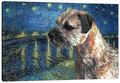 Border Terrier Starry Night Over The Rhone Canvas Art Print - Border Terrier Art