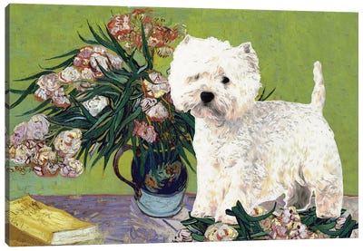 West Highland White Terrier Vase With Oleanders Canvas Art Print - West Highland White Terrier Art