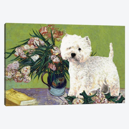 West Highland White Terrier Vase With Oleanders Canvas Print #NDG106} by Nobility Dogs Canvas Wall Art