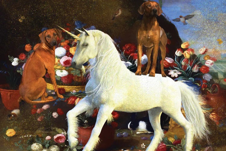 Rhodesian Ridgeback Still Life With Flowers And Unicorn