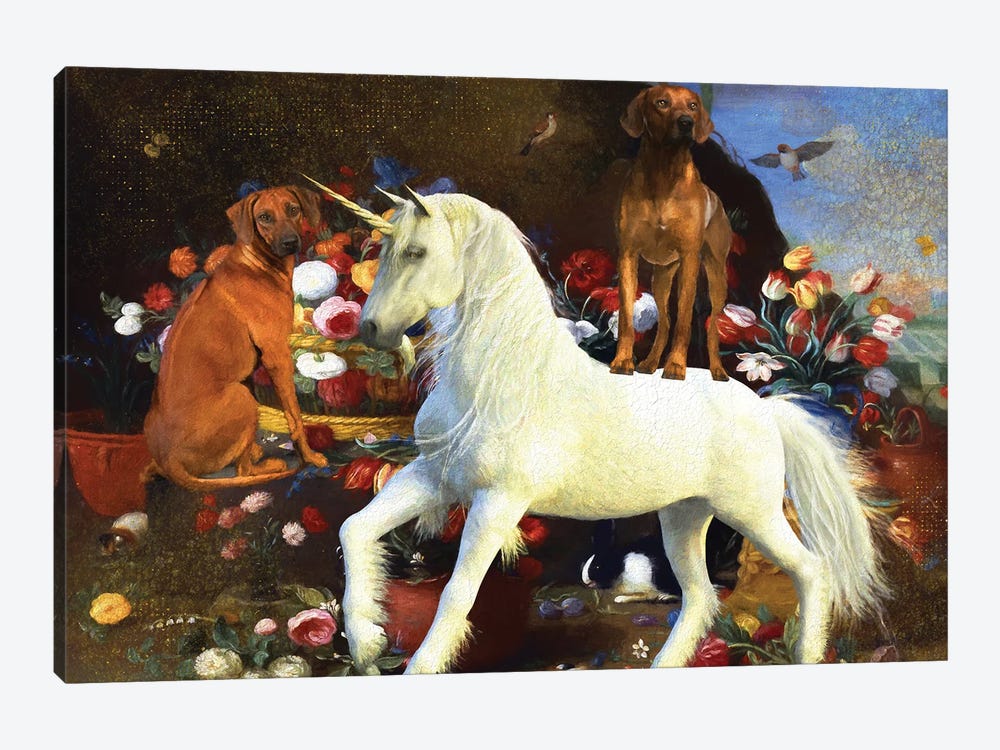 Rhodesian Ridgeback Still Life With Flowers And Unicorn by Nobility Dogs 1-piece Art Print
