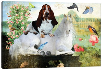 Basset Hound, Unicorn And Balcony Canvas Art Print - Basset Hound Art