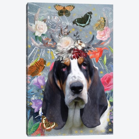 Basset Hound With Antlers And Butterflies Canvas Print #NDG1150} by Nobility Dogs Art Print