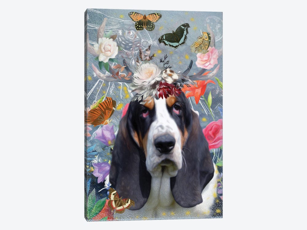 Basset Hound With Antlers And Butterflies by Nobility Dogs 1-piece Art Print