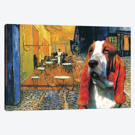 Basset Hound Café Terrace At Night Canvas Print #NDG1152} by Nobility Dogs Canvas Art Print