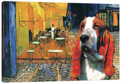 Basset Hound Café Terrace At Night Canvas Art Print - Basset Hound Art