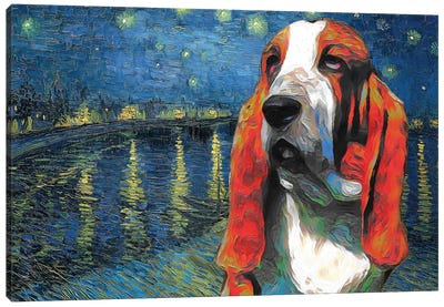 Basset Hound Starry Night Over The Rhone Canvas Art Print - Pupsterpieces
