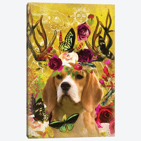 Beagle With Antlers And Butterflies Canvas Print #NDG1156} by Nobility Dogs Canvas Artwork