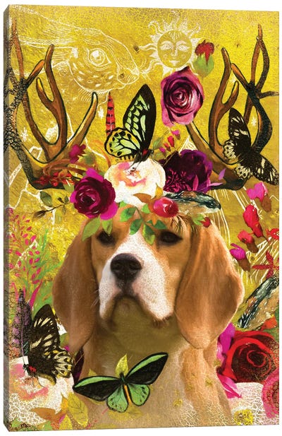 Beagle With Antlers And Butterflies Canvas Art Print - Beagle Art