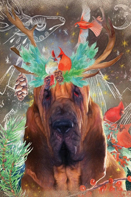 Bloodhound With Antlers And Cardinals