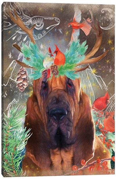 Bloodhound With Antlers And Cardinals Canvas Art Print - Bloodhound Art