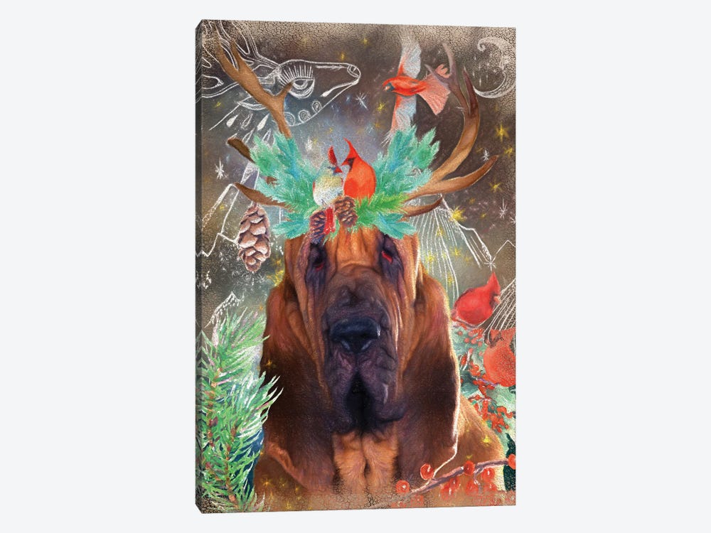Bloodhound With Antlers And Cardinals 1-piece Canvas Art
