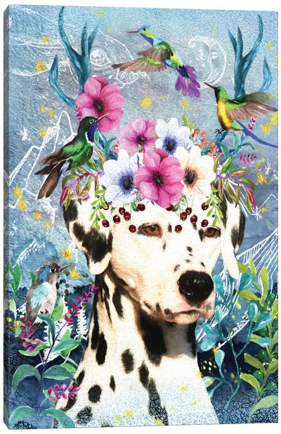 Dalmatian Dog With Antlers And Hummingbirds Canvas Art Print - Dalmatian Art