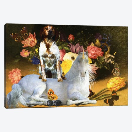 Brittany Spaniel Still Life Of Flowers And Unicorn Canvas Print #NDG1181} by Nobility Dogs Canvas Art
