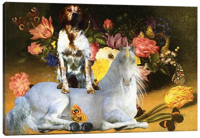 Brittany Spaniel Still Life Of Flowers And Unicorn Canvas Art Print - Spaniels