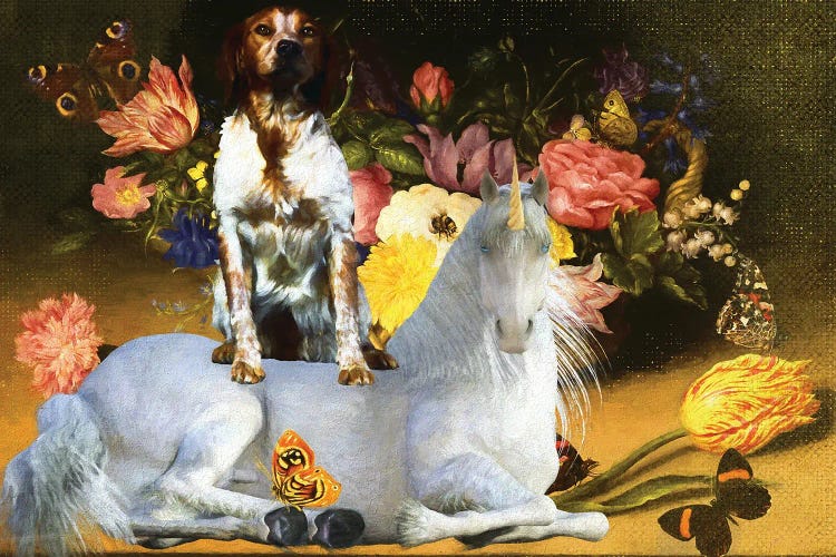 Brittany Spaniel Still Life Of Flowers And Unicorn