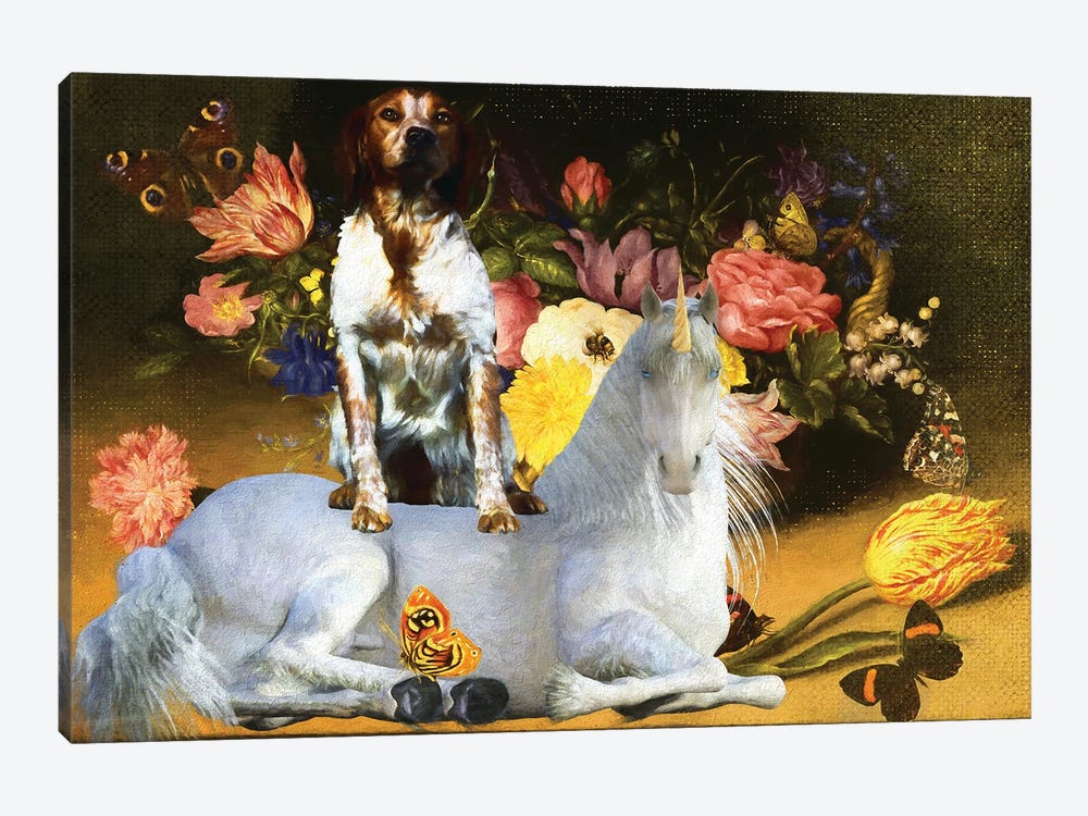 Brittany Spaniel Still Life Of Flowers And Unicorn by Nobility Dogs 1-piece Art Print