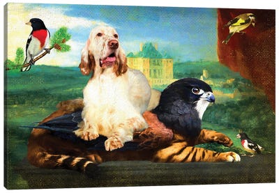 English Setter Still Life Of Griffin And Red Drapery Canvas Art Print