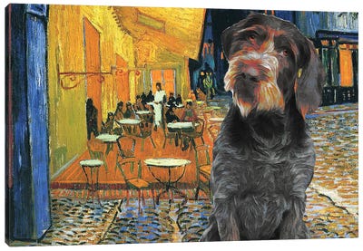 German Wirehaired Pointer Café Terrace At Night Canvas Art Print