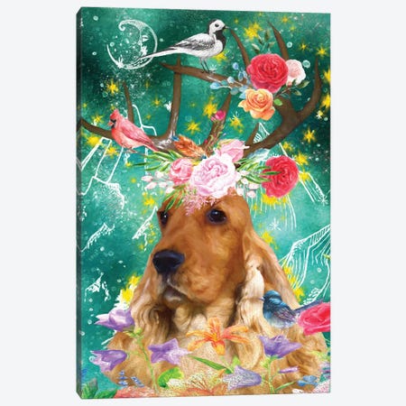English Cocker Spaniel With Antlers And Birds Canvas Print #NDG1264} by Nobility Dogs Canvas Art