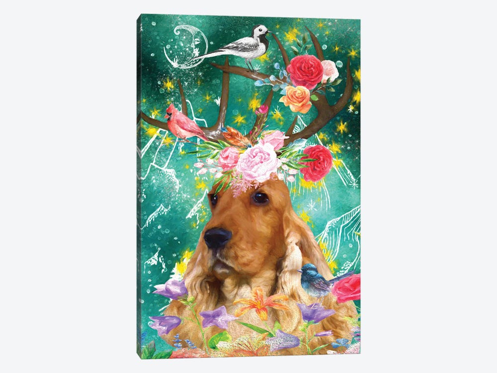 English Cocker Spaniel With Antlers And Birds by Nobility Dogs 1-piece Canvas Artwork