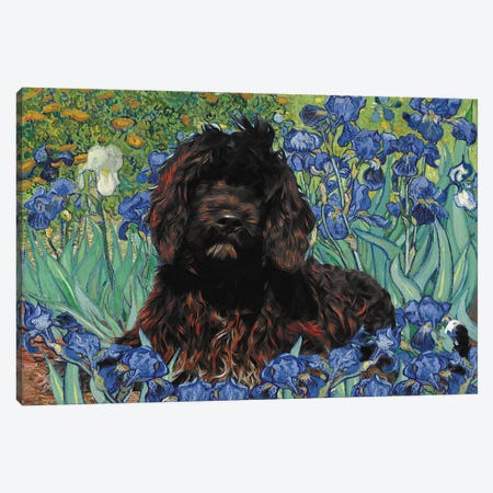 Portuguese Water Dog Irises Canvas Print #NDG127} by Nobility Dogs Canvas Wall Art