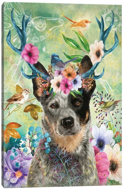 Australian Cattle Dog With Antlers Canvas Art Print