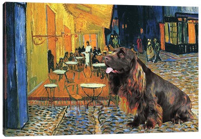 Sussex Spaniel Cafe Terrace At Night Canvas Art Print - All Things Van Gogh
