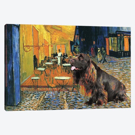 Sussex Spaniel Cafe Terrace At Night Canvas Print #NDG128} by Nobility Dogs Art Print