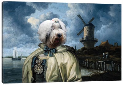 Old English Sheepdog The Windmill And Lady Canvas Art Print - Old English Sheepdog Art