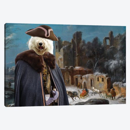 Old English Sheepdog A Winter Landscape With Travelers Canvas Print #NDG1314} by Nobility Dogs Canvas Wall Art
