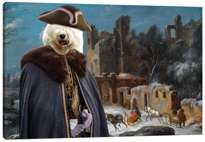 Old English Sheepdog A Winter Landscape With Travelers Canvas Art Print - Old English Sheepdog Art