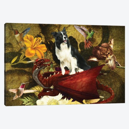 Border Collie Still Life Of Flowers, Dragon And Hummingbirds Canvas Print #NDG1319} by Nobility Dogs Canvas Art Print