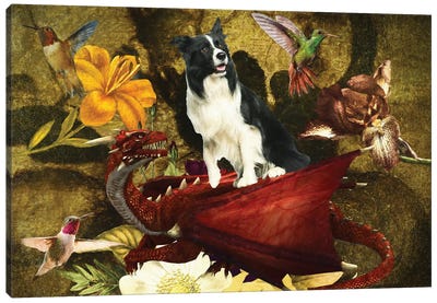 Border Collie Still Life Of Flowers, Dragon And Hummingbirds Canvas Art Print - Border Collie Art