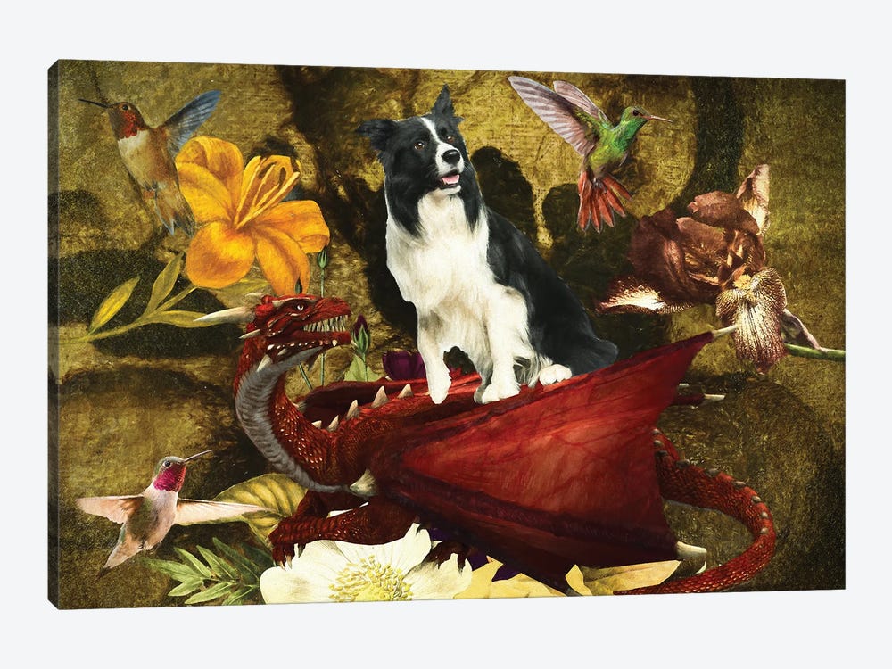 Border Collie Still Life Of Flowers, Dragon And Hummingbirds by Nobility Dogs 1-piece Canvas Print