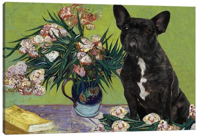 French Bulldog Frenchie Vase With Oleanders Canvas Art Print - French Bulldog Art