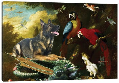 German Shepherd Two Macaws, Cockatoo And Dragon Canvas Art Print - Nobility Dogs