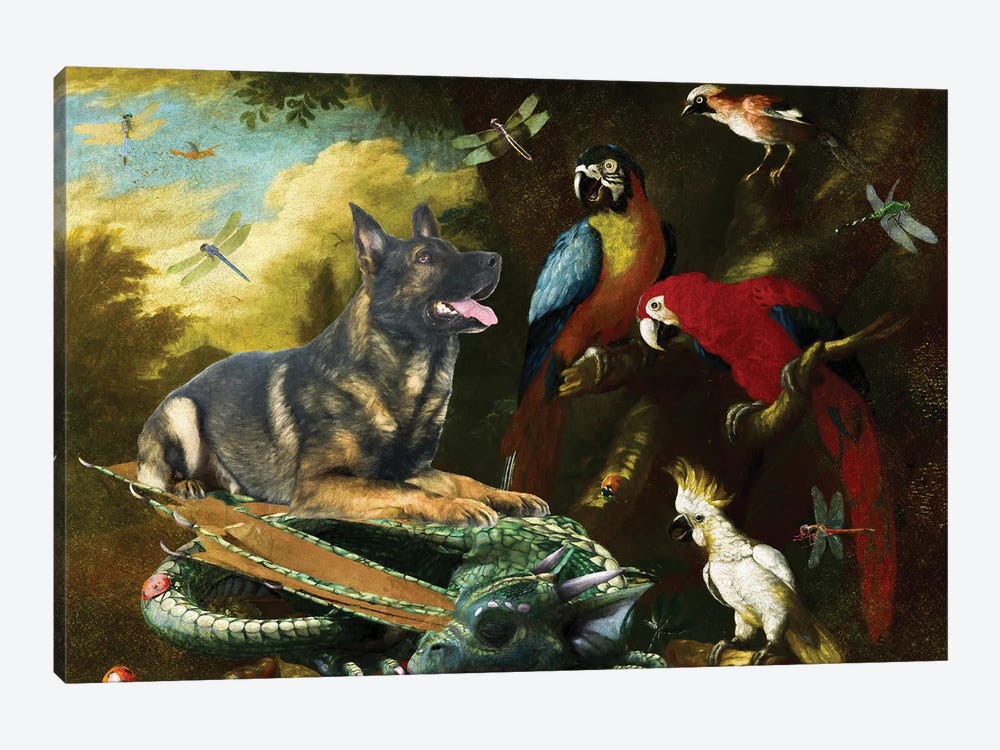 German Shepherd Two Macaws, Cockatoo And Dragon by Nobility Dogs 1-piece Canvas Art