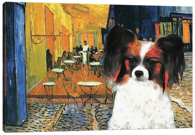 Papillon Dog Cafe Terrace At Night Canvas Art Print - Cafe Art