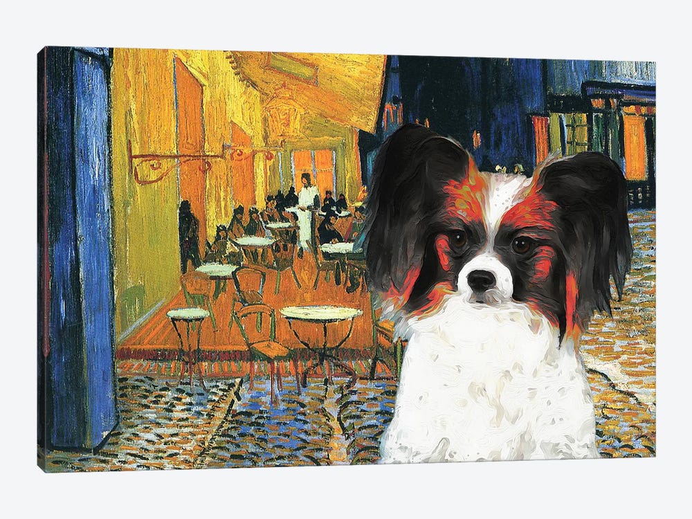 Papillon Dog Cafe Terrace At Night by Nobility Dogs 1-piece Canvas Art