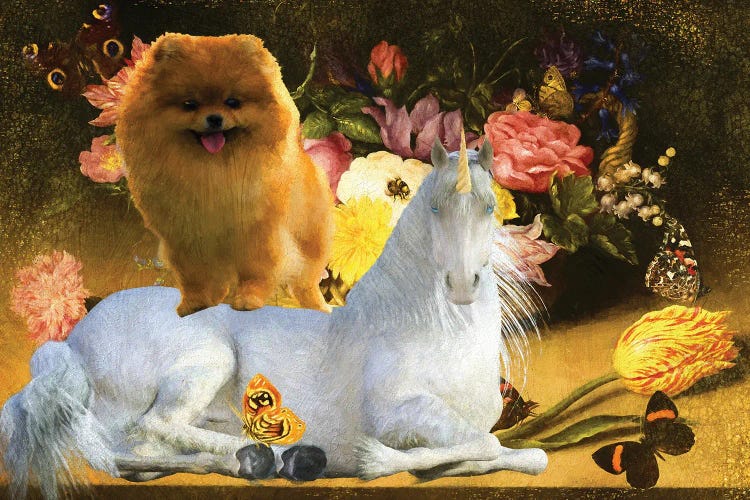 Pomeranian Still Life Of Flowers, Unicorn And Butterflies