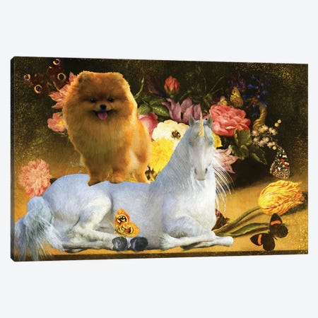 Pomeranian Still Life Of Flowers, Unicorn And Butterflies Canvas Print #NDG1393} by Nobility Dogs Art Print