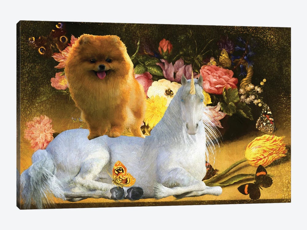Pomeranian Still Life Of Flowers, Unicorn And Butterflies by Nobility Dogs 1-piece Art Print
